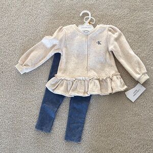 Calvin Klein Cream Ruffle Top and Blue Pants Set